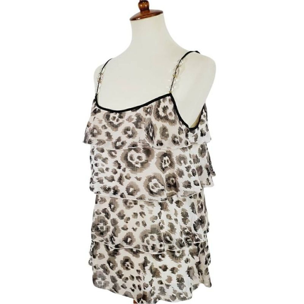 Anthropologie Lapis Womens Blouse Ivory Black Leopard Print Layered Beaded M